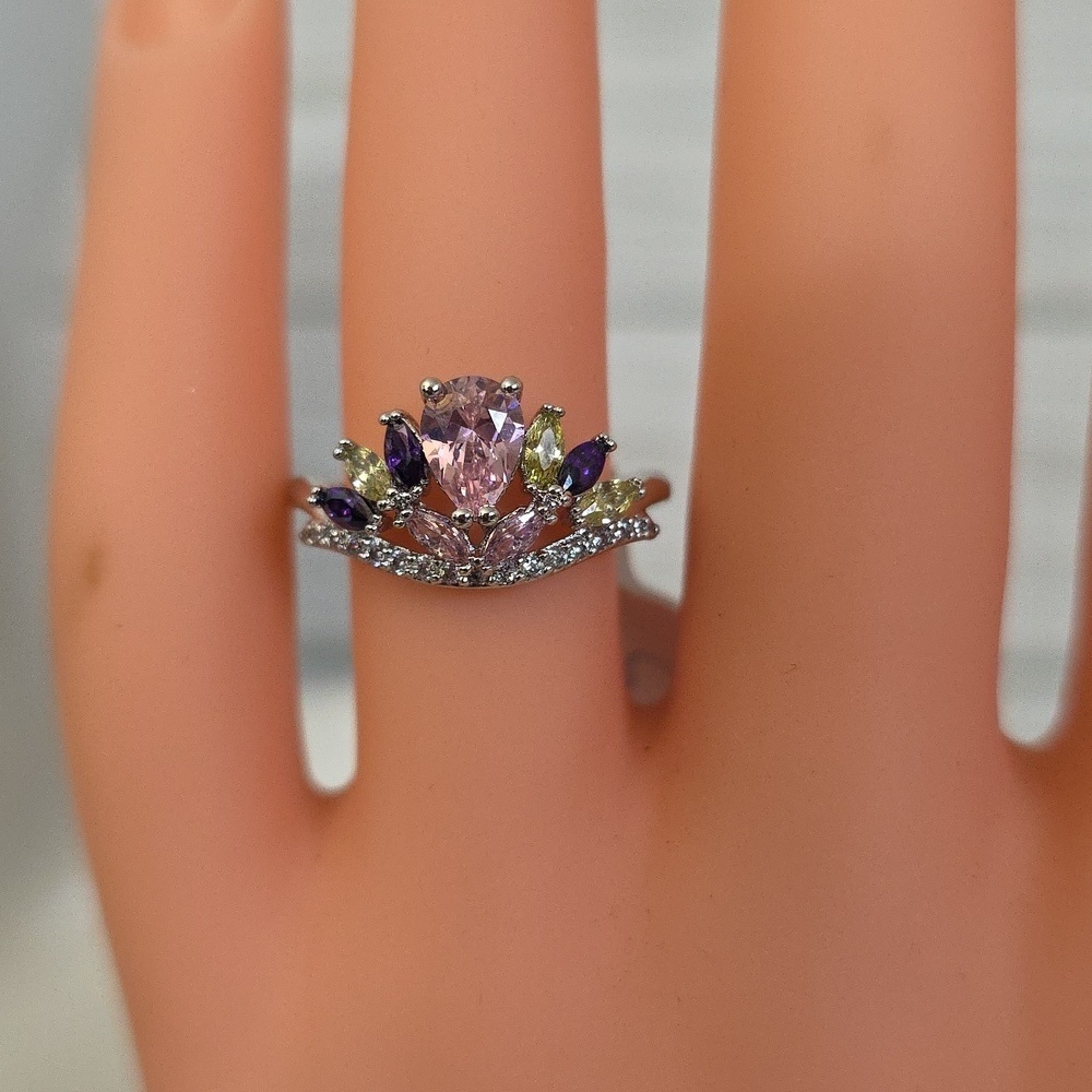 Pretty Silver White Gold Filled Ring Pink Purple Stones - Picture 5 of 10